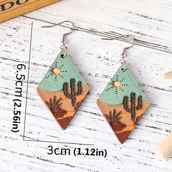 Cactus Earrings Southwest Wood Dangle Sun Desert Boho Hippie Diamond Stylish - Picture 4 of 4